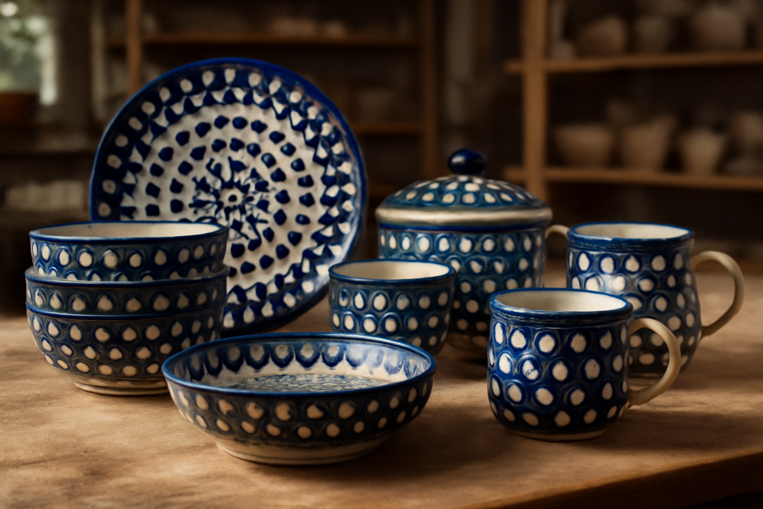 Poterie traditionnelle de Bolesławiec aux motifs bleus et blancs typiques de l'artisanat polonais