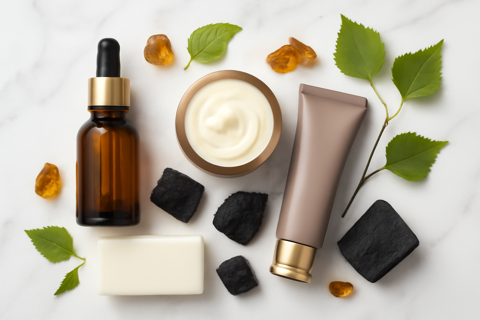 Produits cosmétiques polonais naturels disposés élégamment avec des ingrédients botaniques