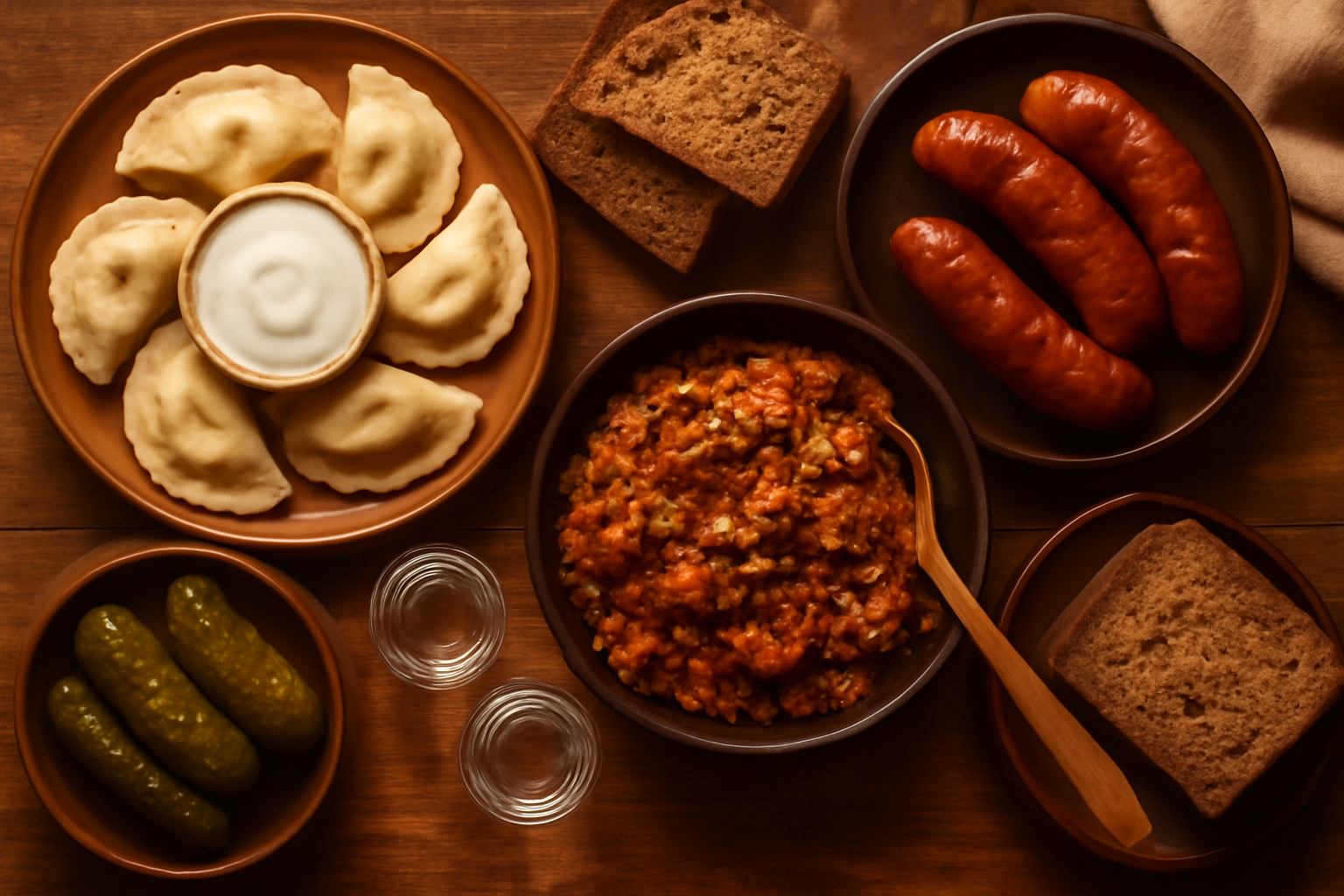 Table garnie de spécialités polonaises traditionnelles avec pierogi, kielbasa et vodka