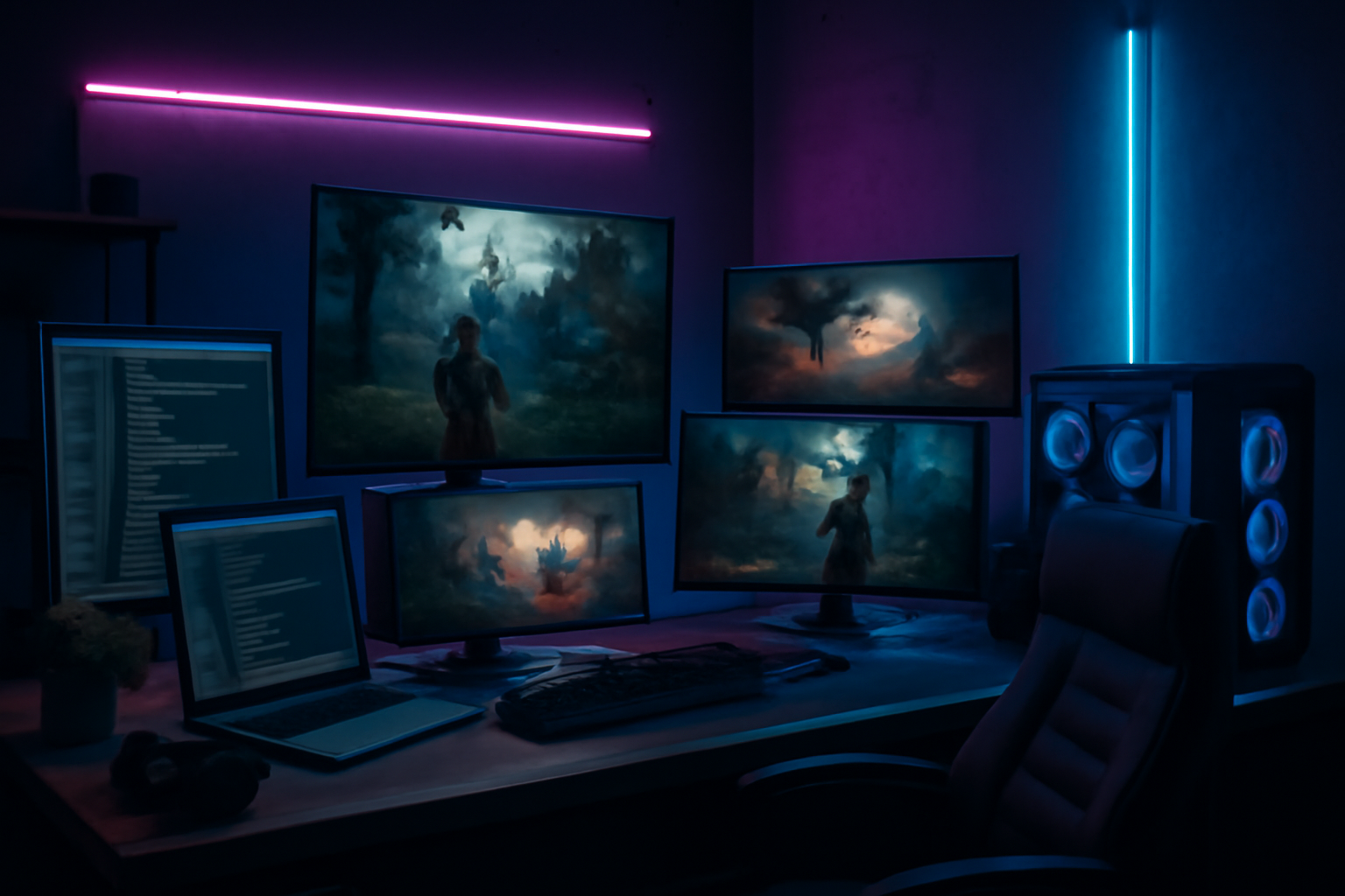 Studio de développement de jeux vidéo polonais avec écrans affichant des créations numériques