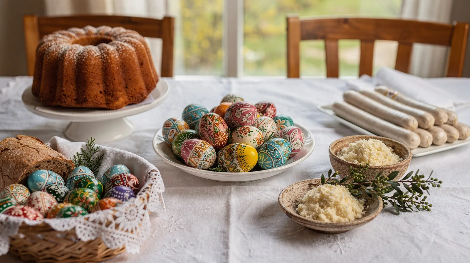 Table de Pâques polonaise avec œufs pisanki et panier traditionnel
