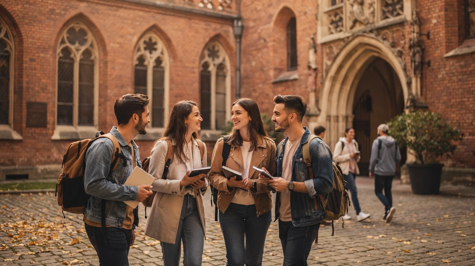 Étudiants internationaux dans la cour d'une université polonaise